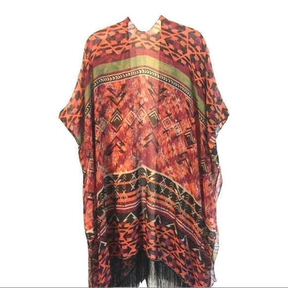 SWIM sheer cover/shawl/scarf fringed in southwest print OS - Picture 2 of 7